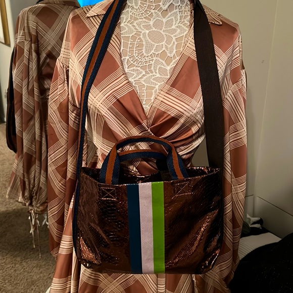 Son Jung Wan in a bronze reptile print, with a canvas strap in brown/navy. NWOT - Picture 3 of 6